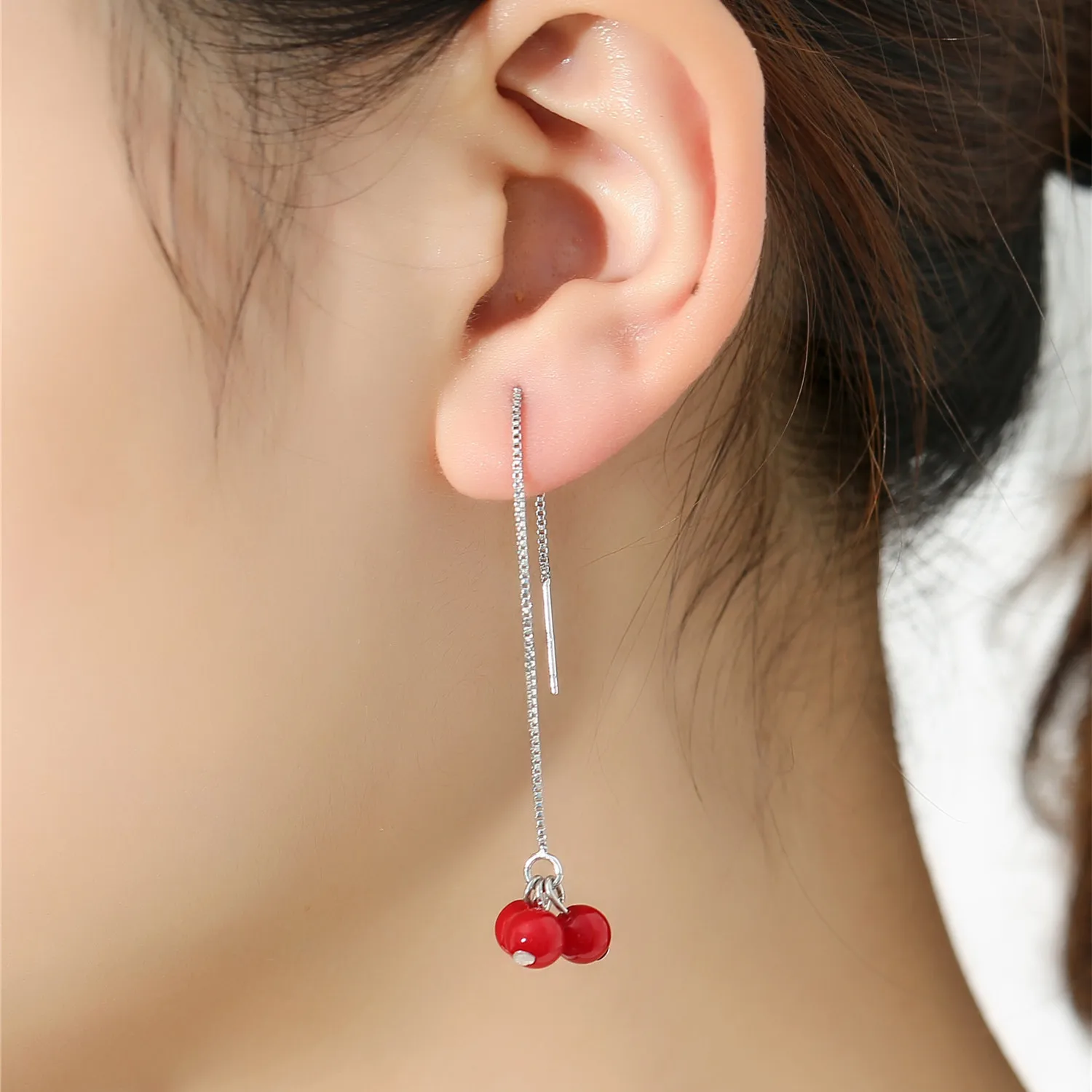 925 Sterling Silver Trendy Long Red Bean Stud Earrings Elegant Feminine Ear Jewelry Ideal For Women Daily Wear And Gift Giving