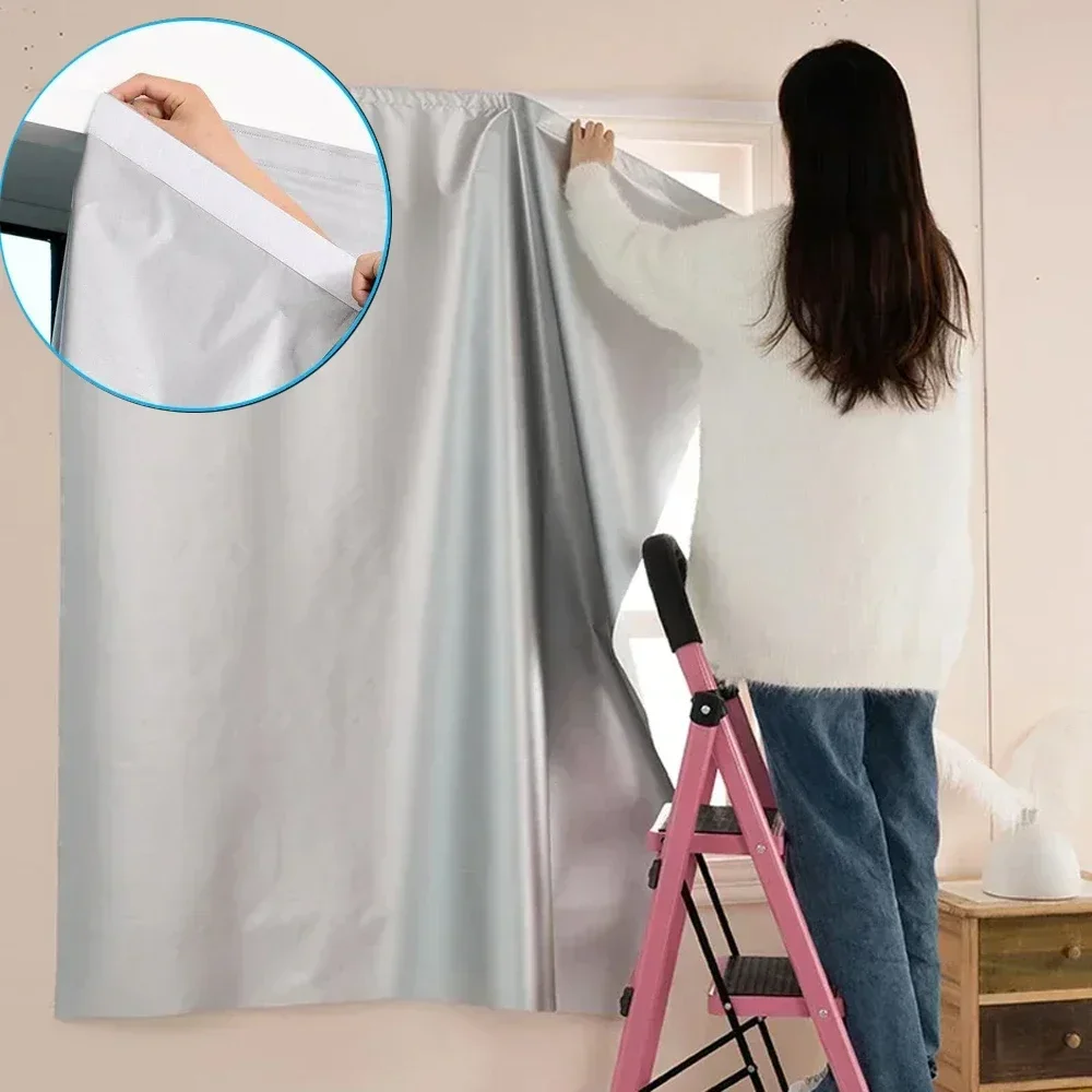 1PC Self Adhesive Sunshade Curtain Double Sided Shading Punch Free Window Curtain Silver 99% Shading Anti-UV Curtain for Home