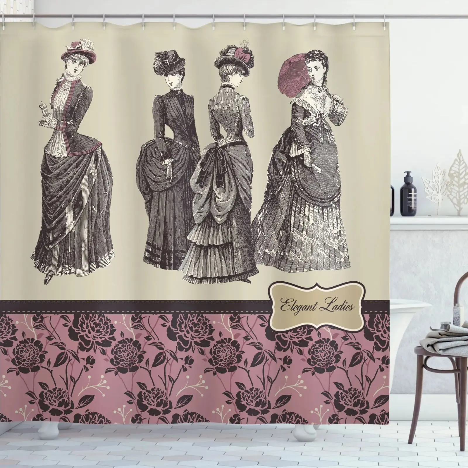 Victorian Shower Curtain Ladies Clothes History Dress Handbag Feather Gloves Floral Design Baroque Bathroom Curtains with Hooks