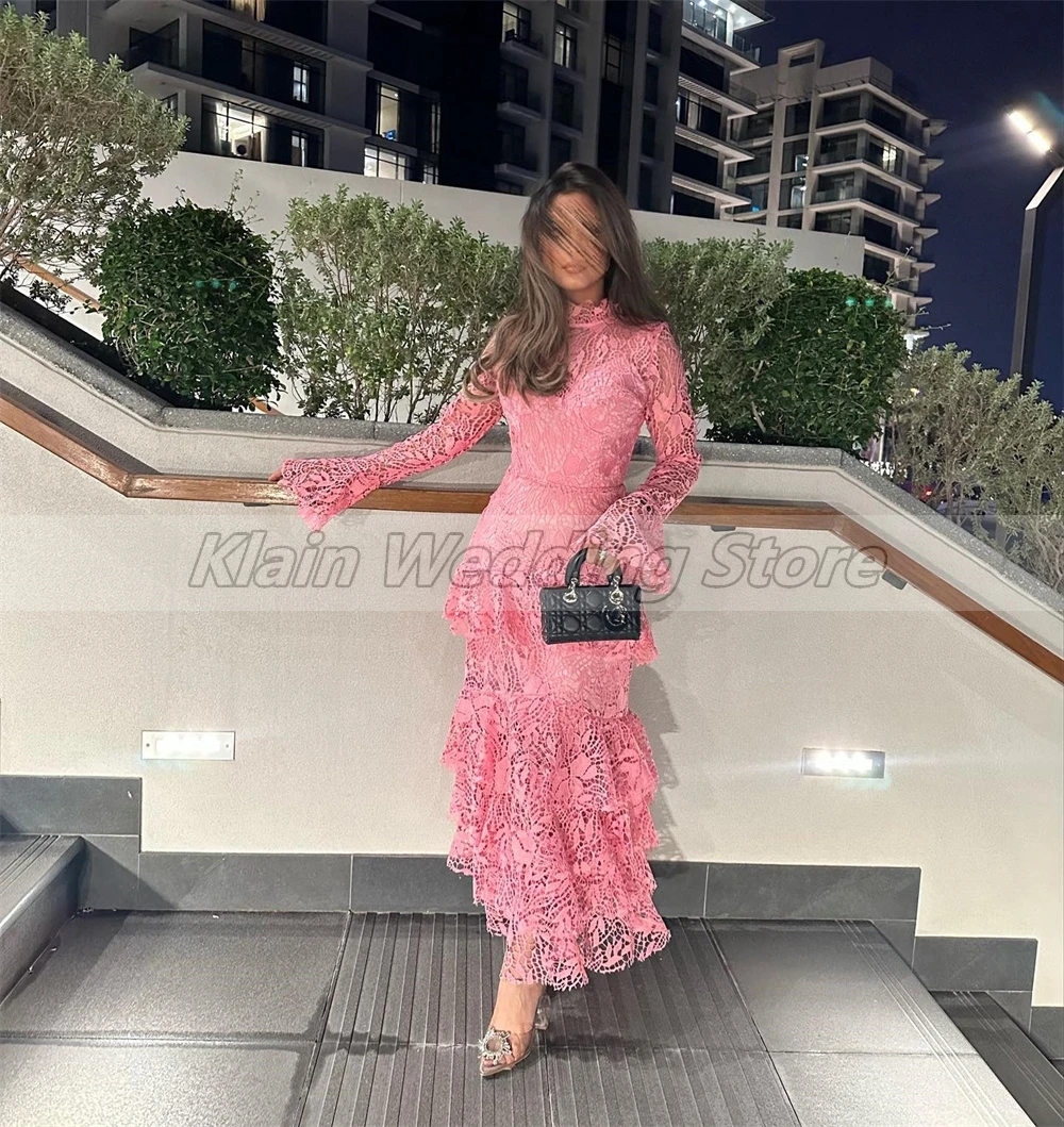 Customized High Long Sleeve Ruffles Illusion Lace Evening Party Dresses Fro Women A-line Tiered Vintage Prom Gown فساتين السهرة