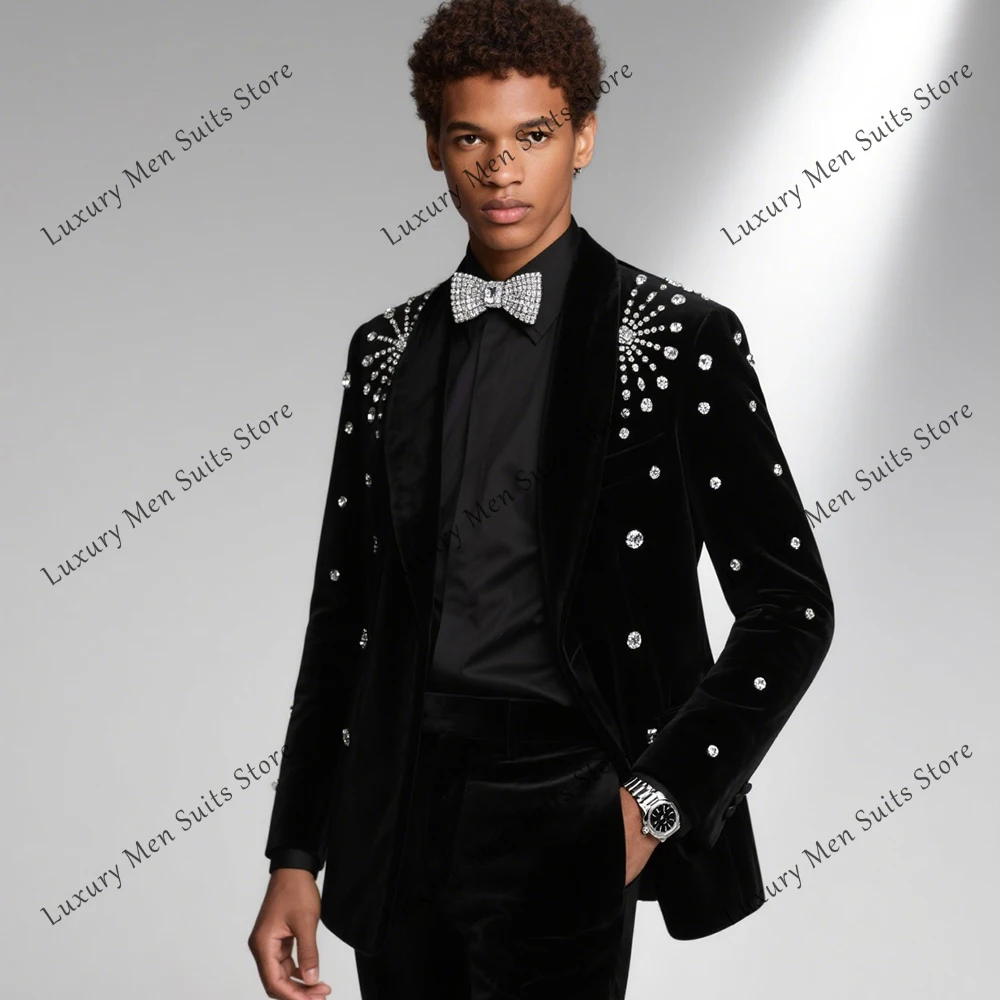 

Sparkling Rhinestone Suits for Men Velvet Tuxedos Crystal Wedding Party Outfits Customized Blazer Pants jaqueta masculina couro