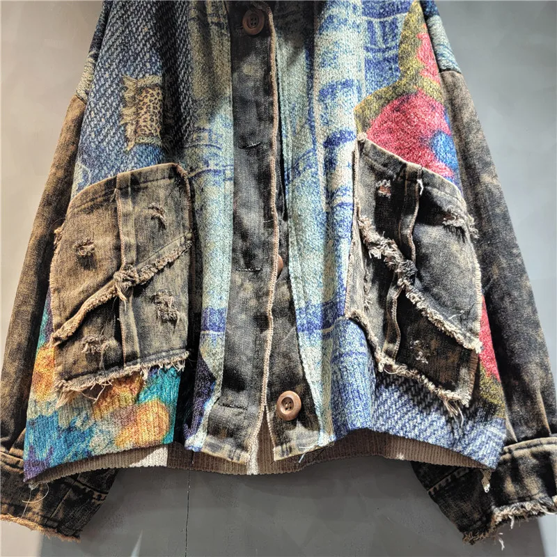 Fashion Versatile Loose Contrasting Color Printing Splicing Old Color Denim Hooded Cardigan Jacket Women 2024 Autumn New Coats