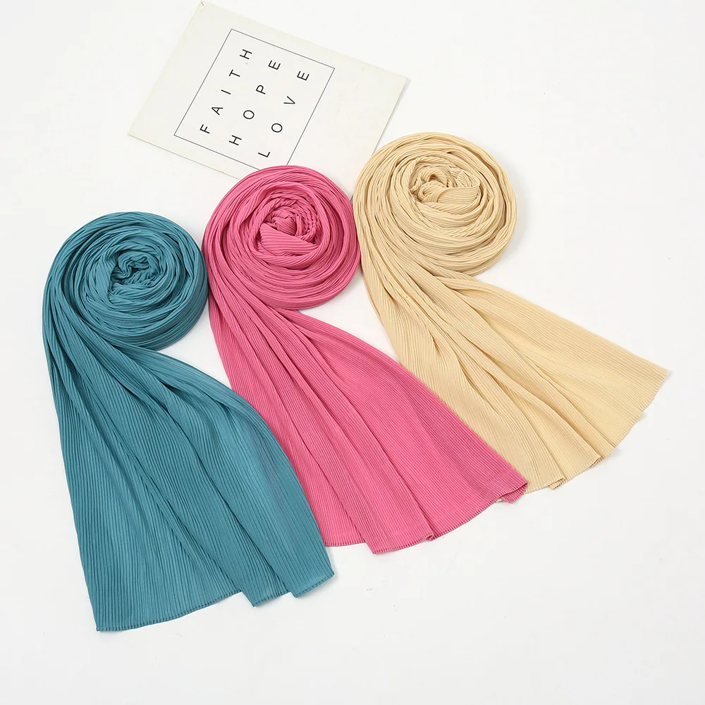 Plain Wrinkle Bubble Chiffon Pleated Hijab Shawl Scarf Lady High Quality Wrap Beach Cover-up Stole Bufanda Muslim Sjaal 170*50Cm