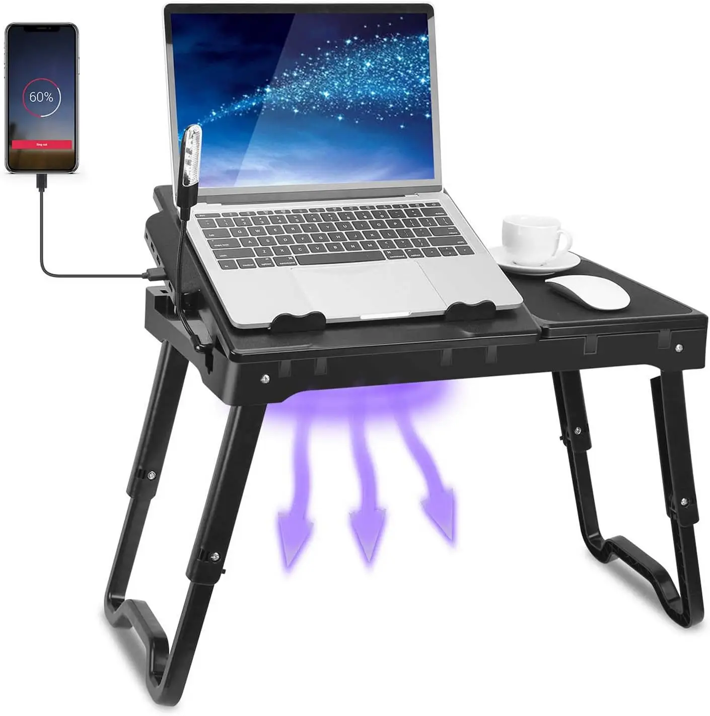 

Adjustable Laptop Desk with Cooling Fan, LED Light, USB Ports & Storage for Bed or Couch