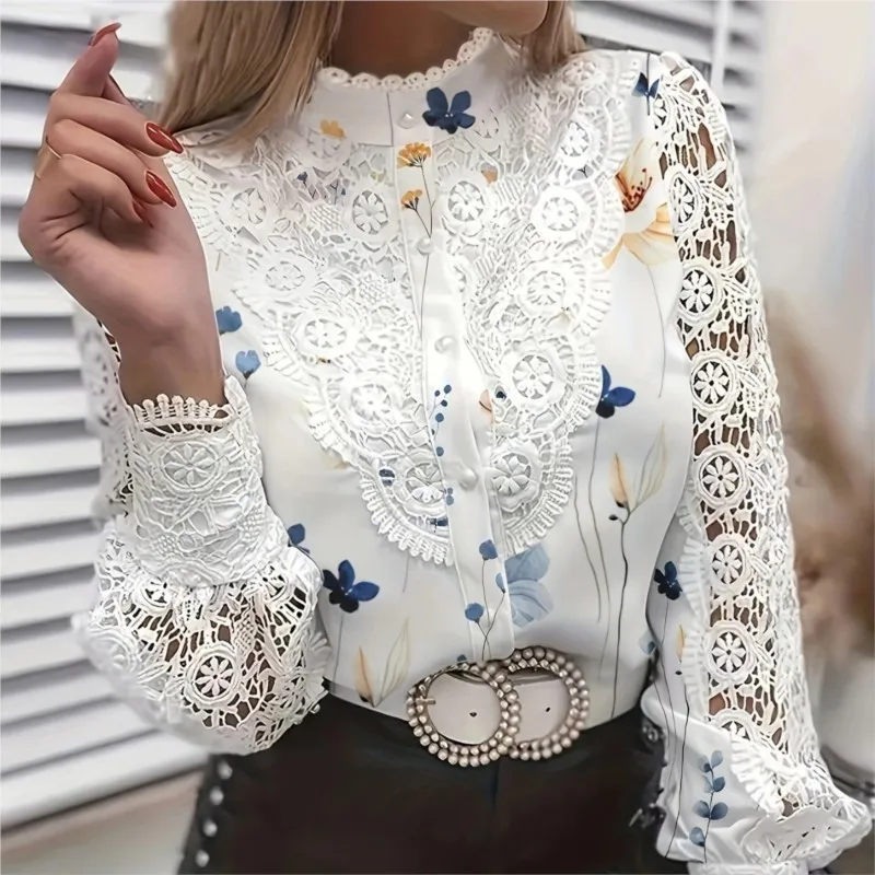 Women Elegant Lace Blouse Autumn Embroidery Petal Sleeve Hollow Out Flower Lace Patchwork Stand Collar Shirt Femme Blusas Tunic