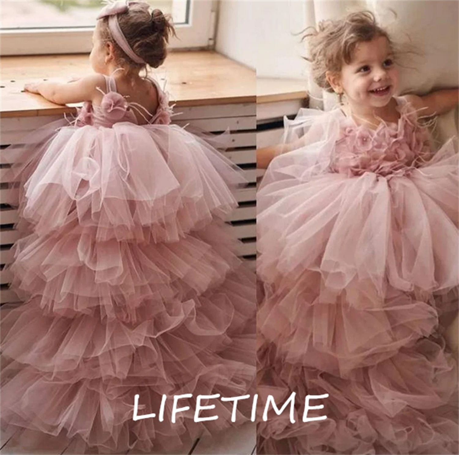 

Cute Pink Baby Girls Dresses Ruffles Feather Flower Girl Dress For Weddings Children Princess Birthday Party Gowns