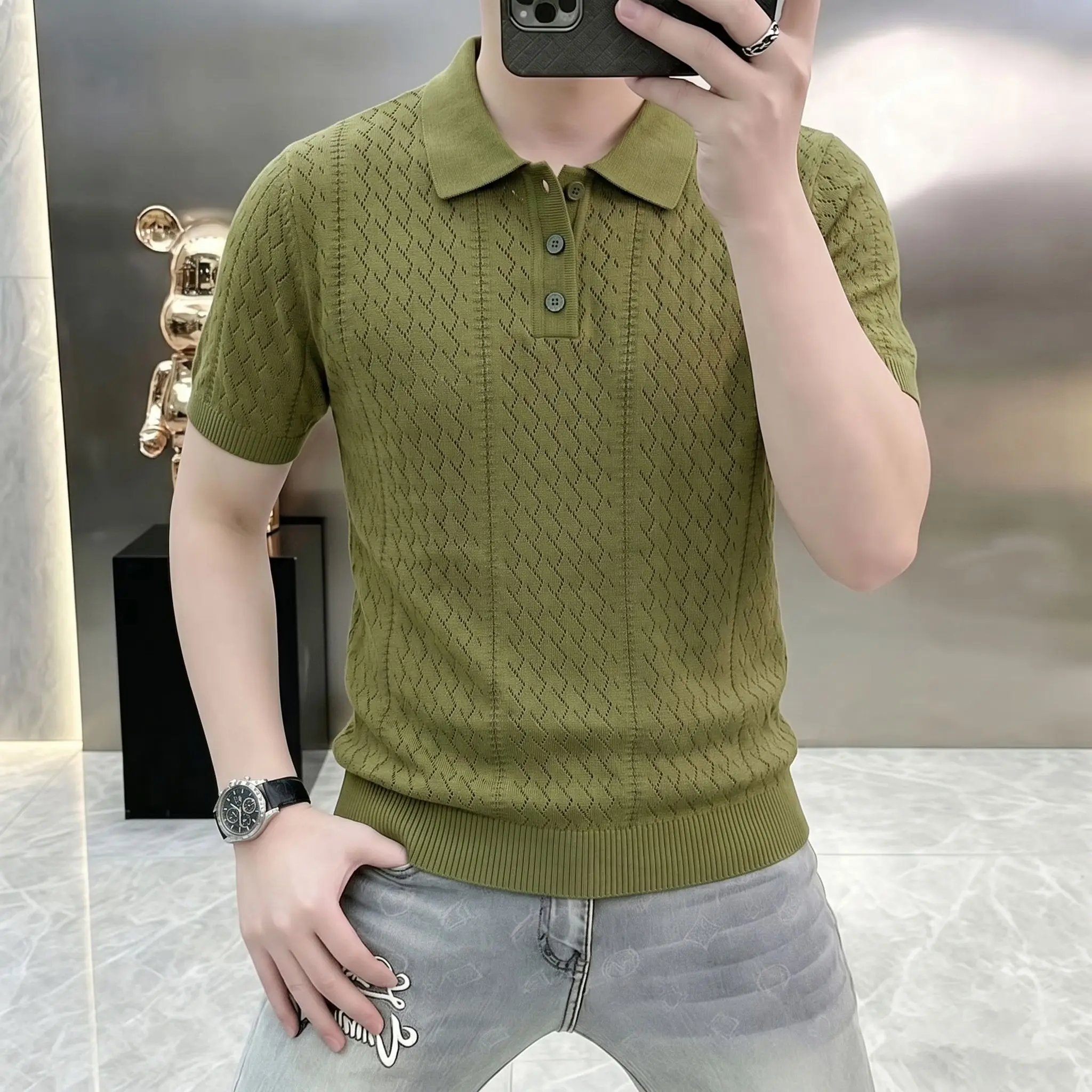 Summer New Style Men's Collarless Polo Shirt- Breathable Coolness Mesh Openwork Pattern Knitted Short