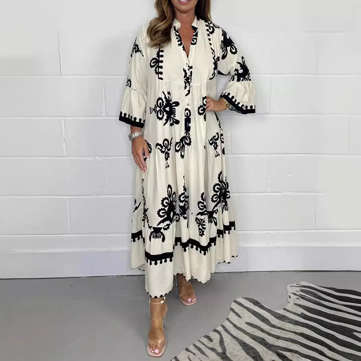 Robe décontractée à manches longues pour femmes, imprimé bohème, ample, col en v, Style confortable pour la maison, élégante, nouvelle collection automne 2025