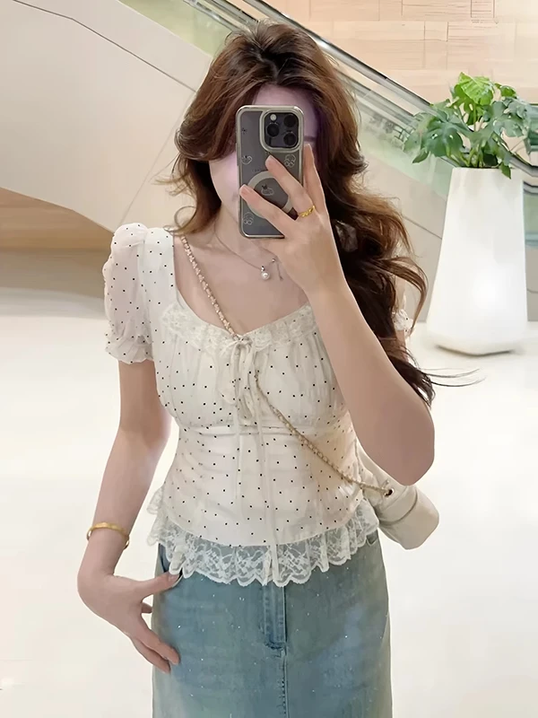 

Новинка: Летний топ для полных женщин в горошек с кружевной отделкой, белый, приталенный, с завышенной талией, в корейском стиле, для повседневной носки