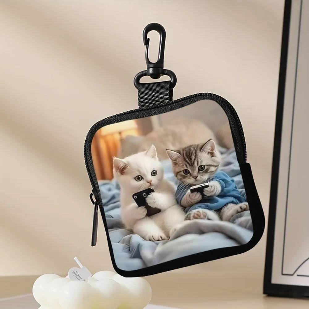 New Mini Cat Pattern Coin Purse Water-resistant PVC Zipper Storage Bag Lightweight Portable Wallet for Women Friends Gift