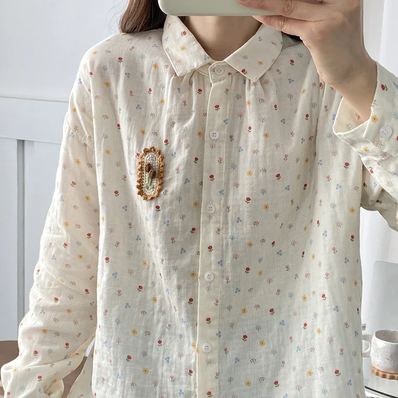 Double-layer Cotton Yarn Floral Printed Tops Women Clothes Long-sleeved New Turn Down Collar Slimming Shirts & Blouses U002