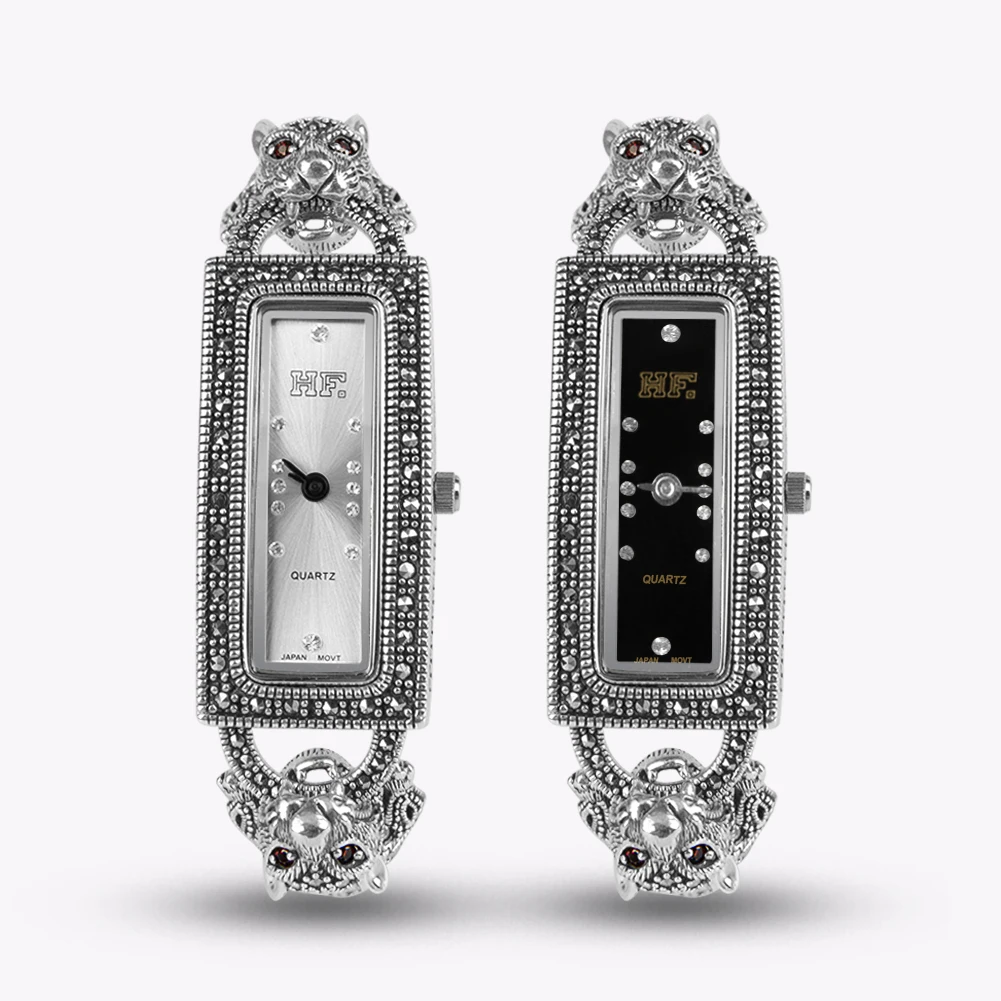 Thailand Silver Solid 925 Sterling Silver Marcasite Luxury Wrist Watches Jewelry Leopard Women's Quartz Watches New Trend