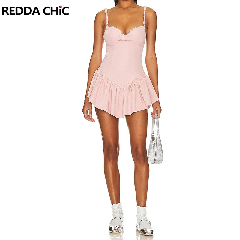 REDDACHiC Women Blush Mini Dress with Bloomers Diamond Sweetheart Bow Decor Princess Puffy Ruffle Rompers One-piece Cami Dresses