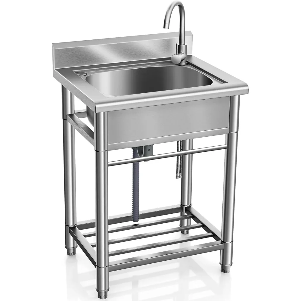 

Stainless Steel Utility Sink - Single Bowl Free Standing Kitchen Sink NSF Certificated with Cold and Hot Water for Farmhouse