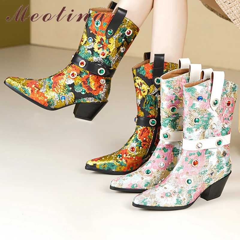 

Meotina Women Ankle Boots Pointed Toe Thick High Heel Flower Zipper Embroidery Mixed Colors Western Short Boot Lady Shoes Winter