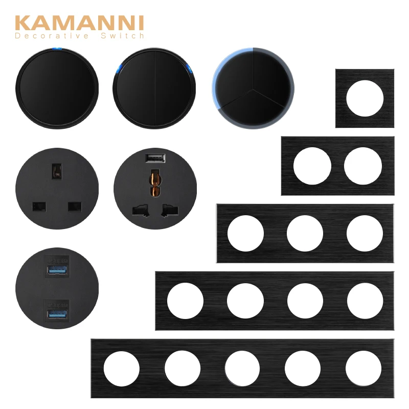 KAMANNI Black Brushed Aluminum EU French Wall Socket USB Charger RJ45 Modules TV module 1/2/3/4 Gang DIY Free Combination