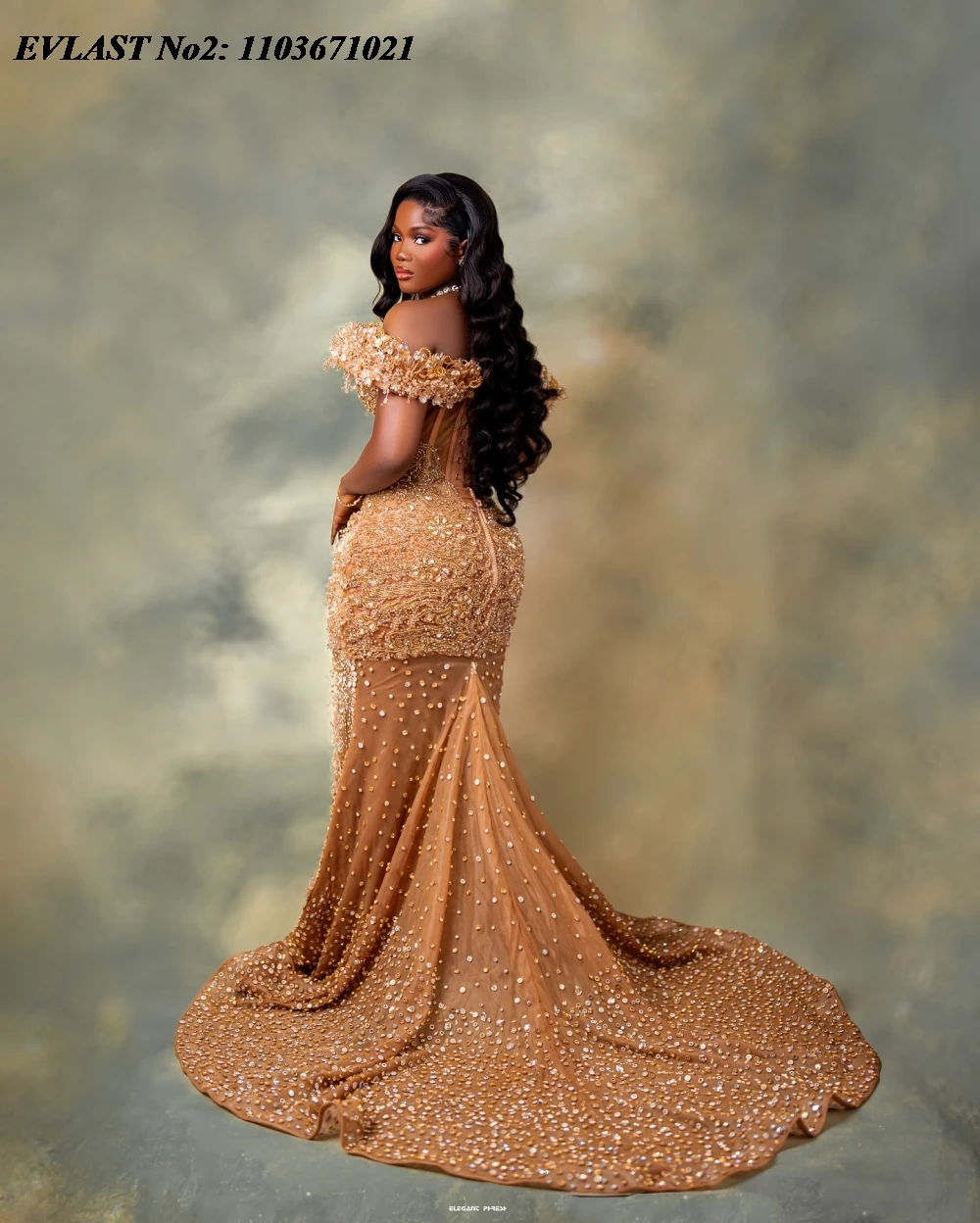 EVLAST Customized African Champagne Mermaid Prom Dress Black Girls Crystals Sequins Beaded Party Gown Robe De Soiree E2P185