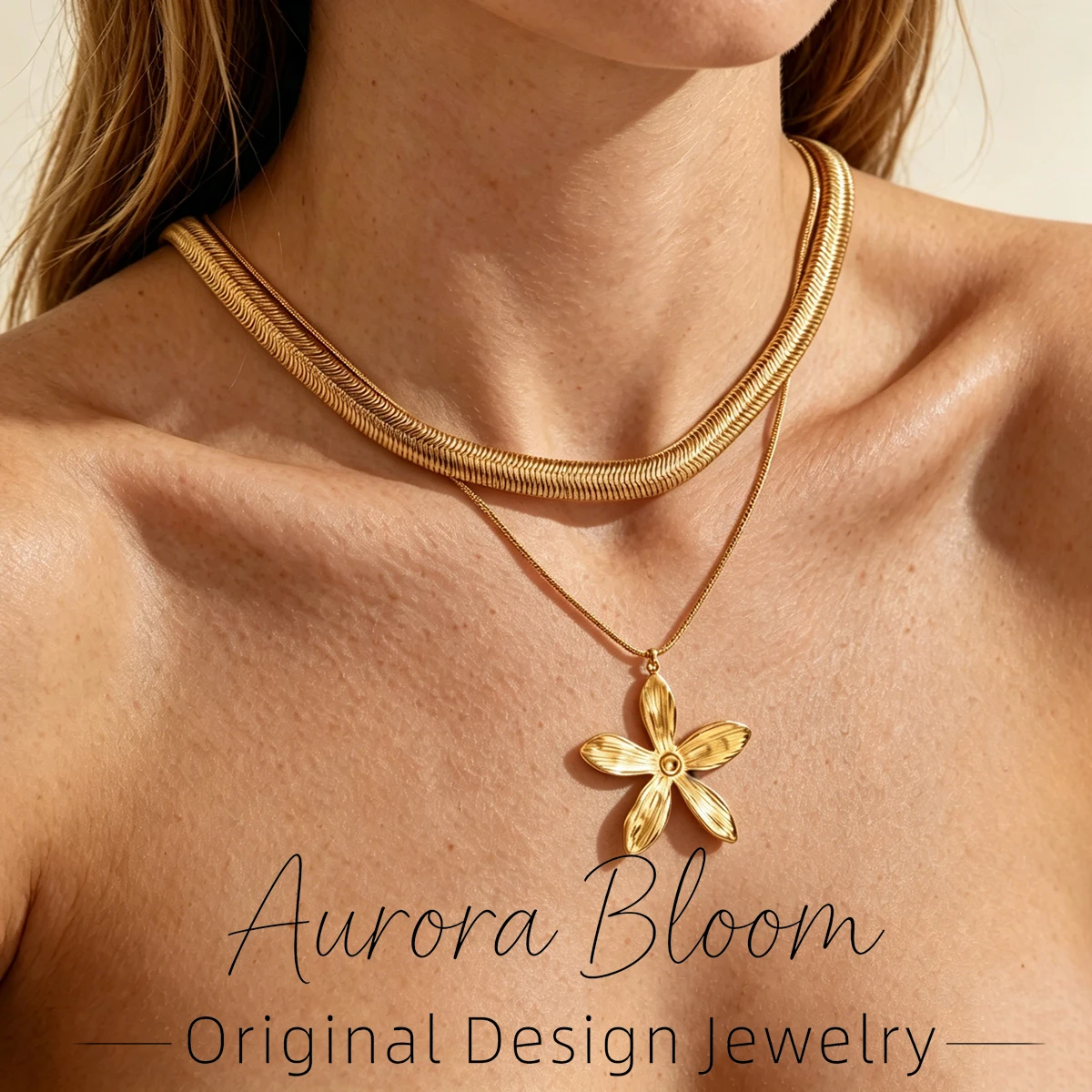 

AURORA Vintage Gold Flower Pendant Necklace For Women's Double-Layer Charm Choker Necklaces Trend Stainless steel Jewelry