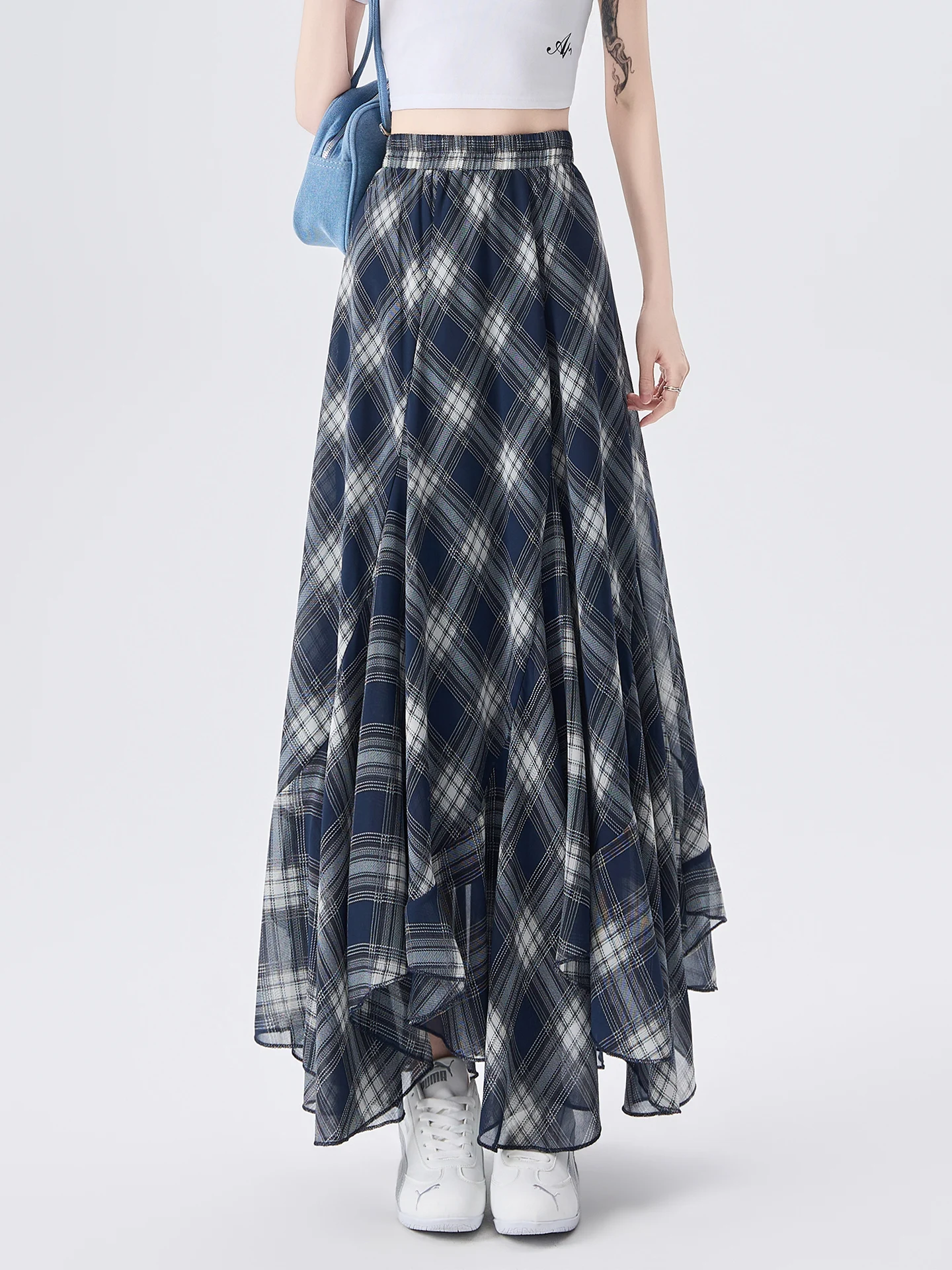 

Tall Women's High Waist A-Line Skirt Regular Plaid Asymmetrical Hemline Slimming Summer Long Skirt Korean Style Commute