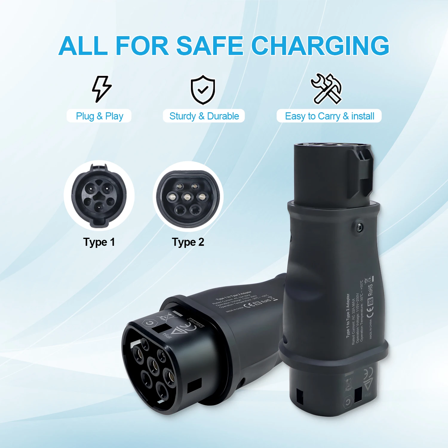 Kolanky EV محول الشحن 32A 7.2KW نوع 1 إلى نوع 2 محول للسيارات الكهربائية الاتحاد الأوروبي نوع 2 المقبس