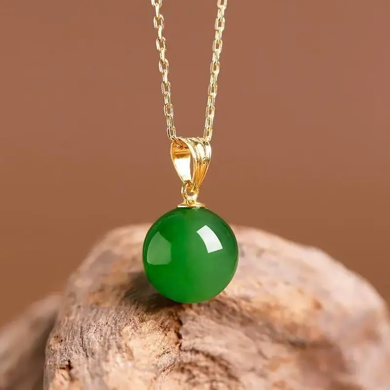 

S925 Silver Inlaid Natural Hetian Jasper Jade Round Bead Pendant for Women's Luxury Fashion Jewelry Clavicle Necklace Gift