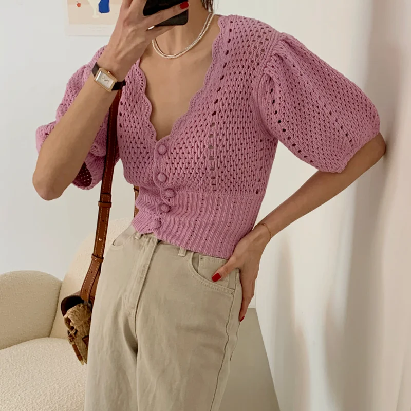 Puff Sleeve Hollow Crochet Flower Cardigan Women's Elegant V-neck Slim Knitted Crop Top 2023 Summer Casual Knit Sweater Sweater