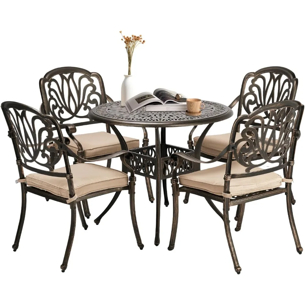 

5-Piece Outdoor Patio Dining Set, Cast Aluminum All-Weather Outdoor Table and Chairs w/Cushion, Outdoor Furniture Set w/Umbrell
