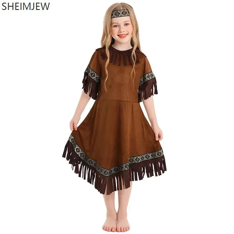 

Костюм американской индийской принцессы на Хэллоуин для девочек, детский костюм для ролевых игр на Хэллоуин, примитивная одежда, маскарадная вечеринка, юбка с кисточками