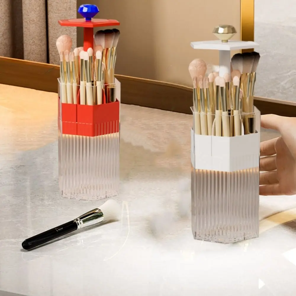 Plastic Automatic Lifting Makeup Brush Holder Press Type Dustproof Makeup Brush Organizer with Lid Large Capacity