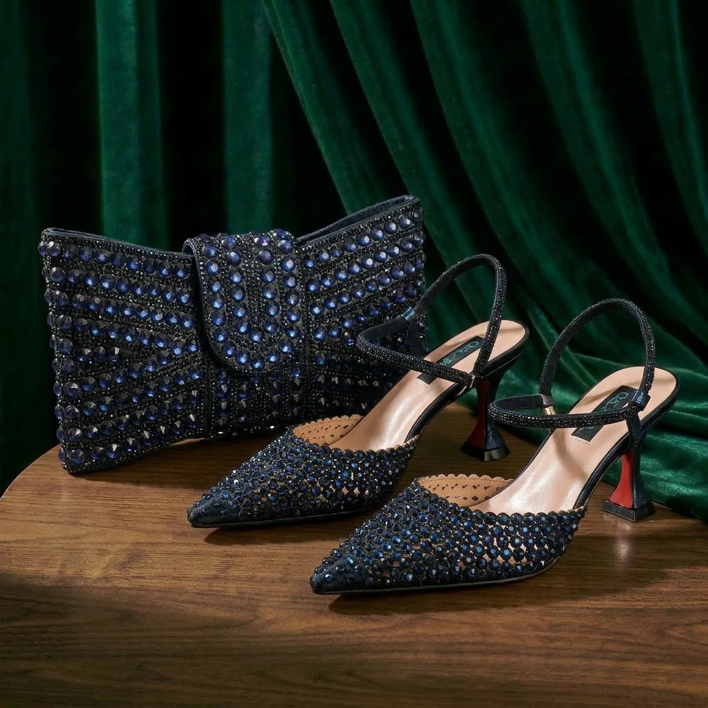 Navy Blue New Design Envelope Matching Shoulder Bag & High Heels Set Nigerian Fashion Ladies Party Daily Commute Shoes Bag