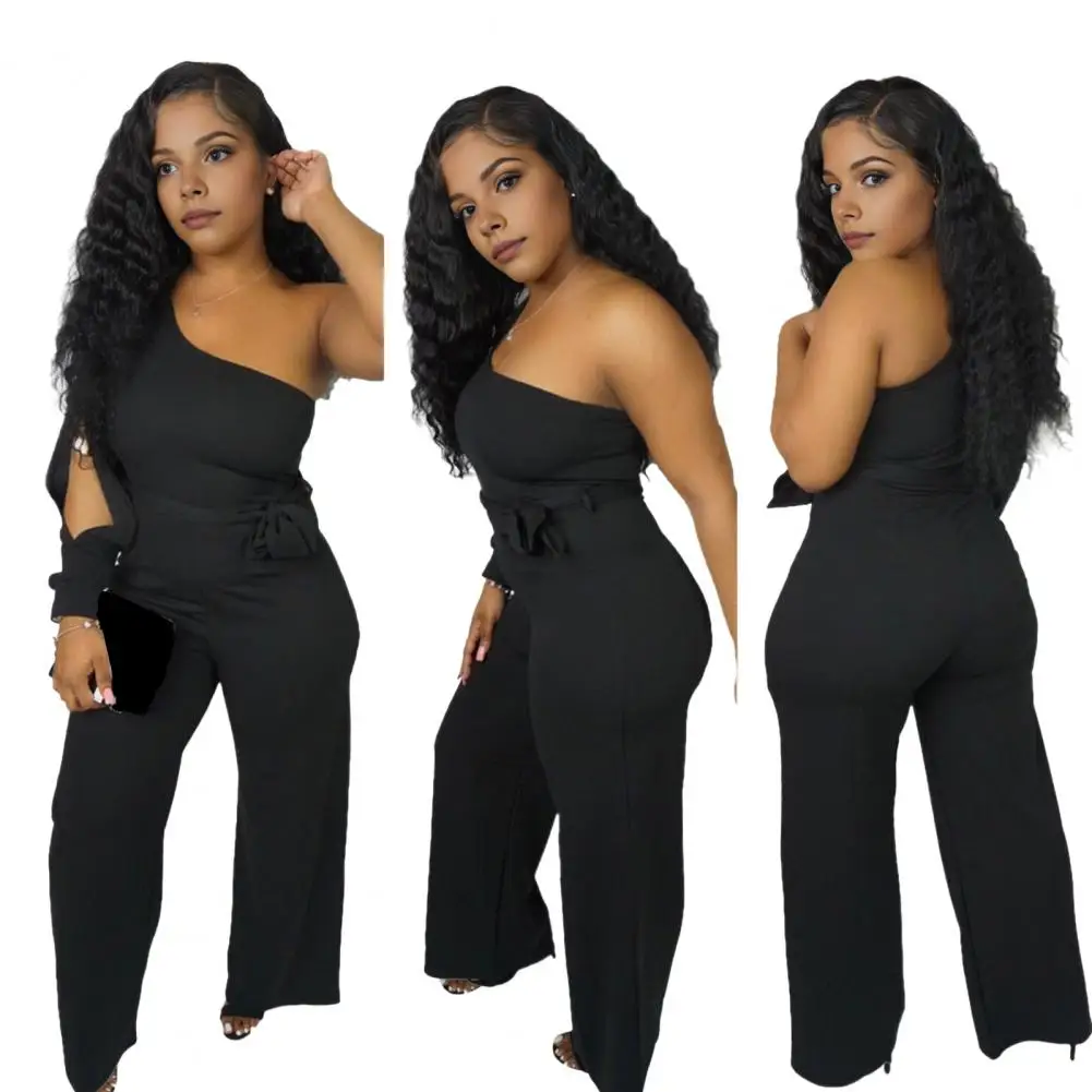 

One Shoulder Jumpsuit Loose Wide-leg Jumpsuit Elegant One Shoulder Wide Leg Jumpsuit with Slit Sleeve Belted High Waist Stylish