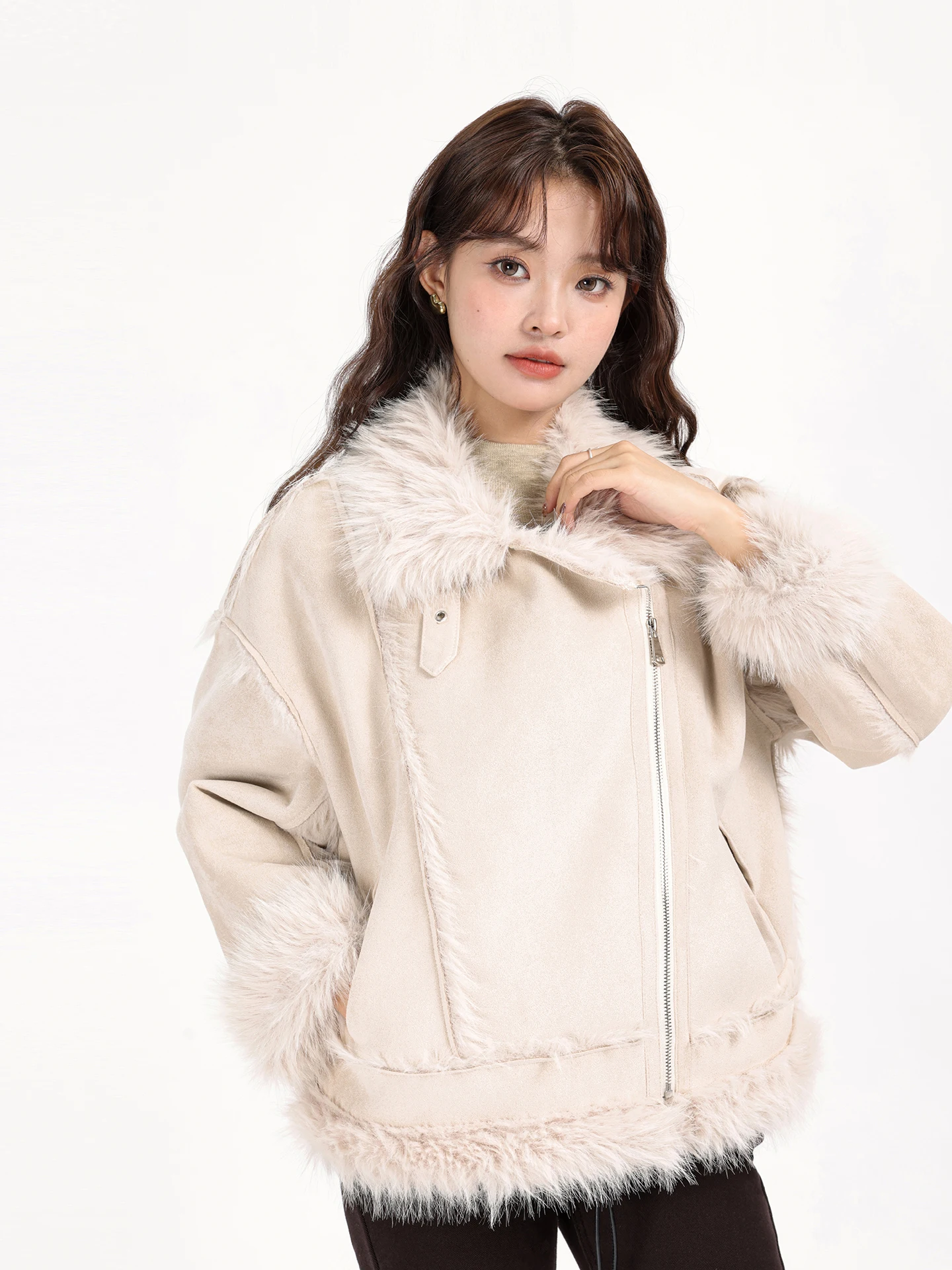 Sli ort camurça Jaet inverno Fce forrado de couro e pele intercada motociclista Faion coreano stand fit casaco feminino