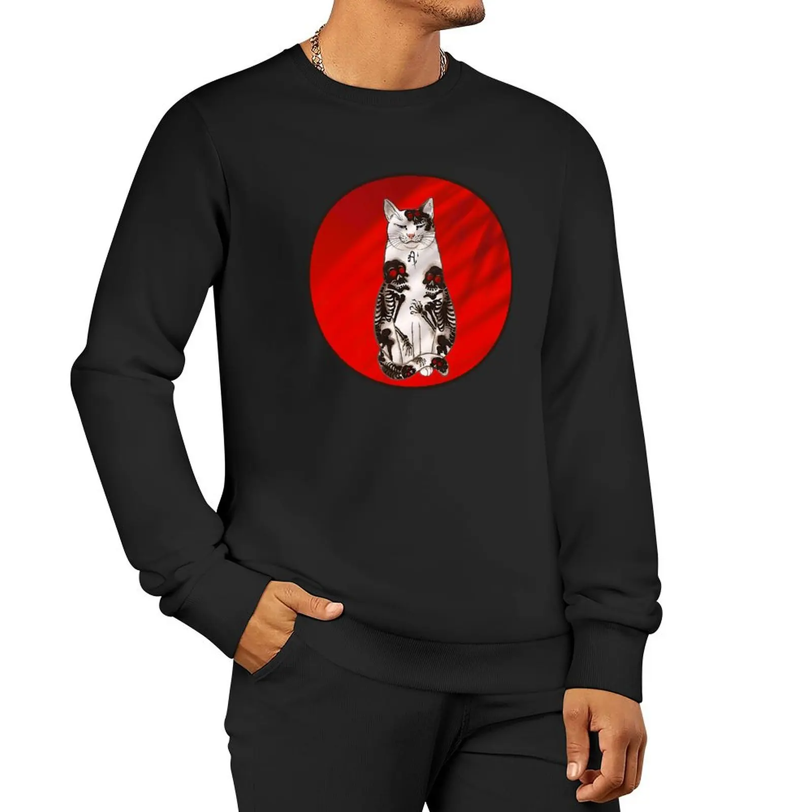 Tattooed Cat Tattoo Print - digitally enhanced remix on red background with palm leaf shadow Pullover Hoodie