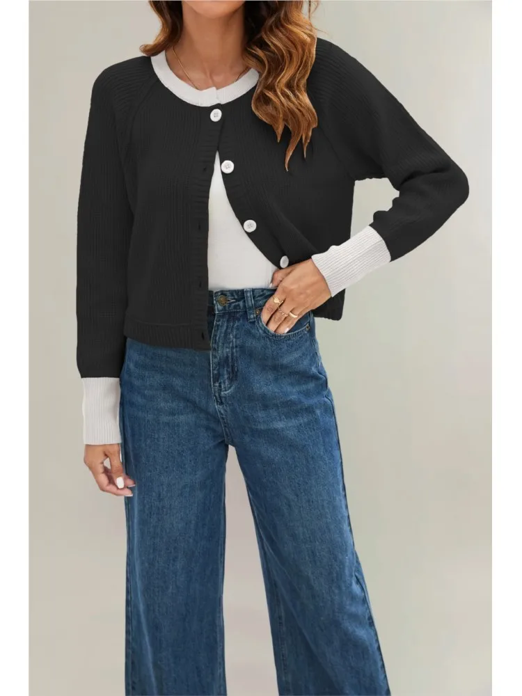

2025 Autumn And Winter Fashion Round-neck Button Contrast Color Knitted Cardigan Jacket Women's Elegant Long-sleeved Sweater