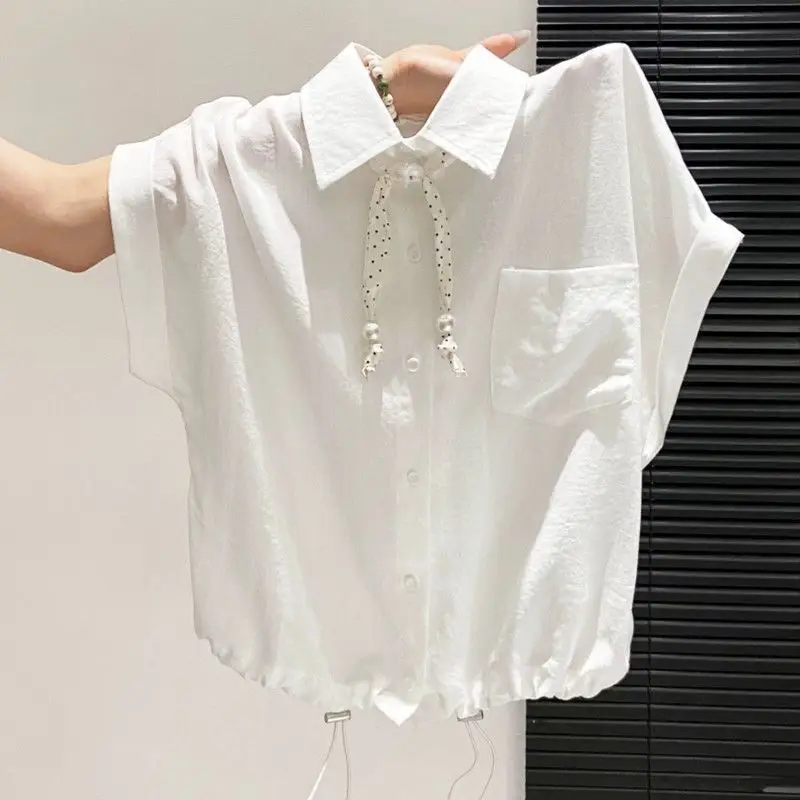 Drawstring Pockets Patchwork Solid Shirts Summer New Short Sleeve Neck Simplicity Korean Blouse Trend Office Women Clothing