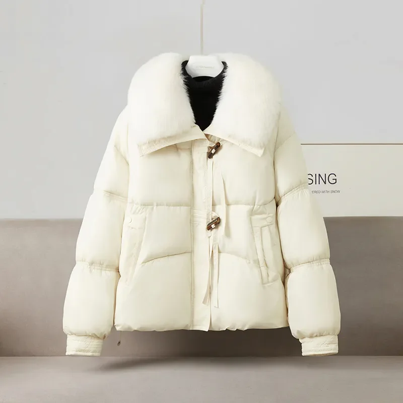 2025 Winter New Down Short Padded Jacket Women Parkas Fur Collar Detachable Thick Cotton Coats Clothes Black Outerwear Female