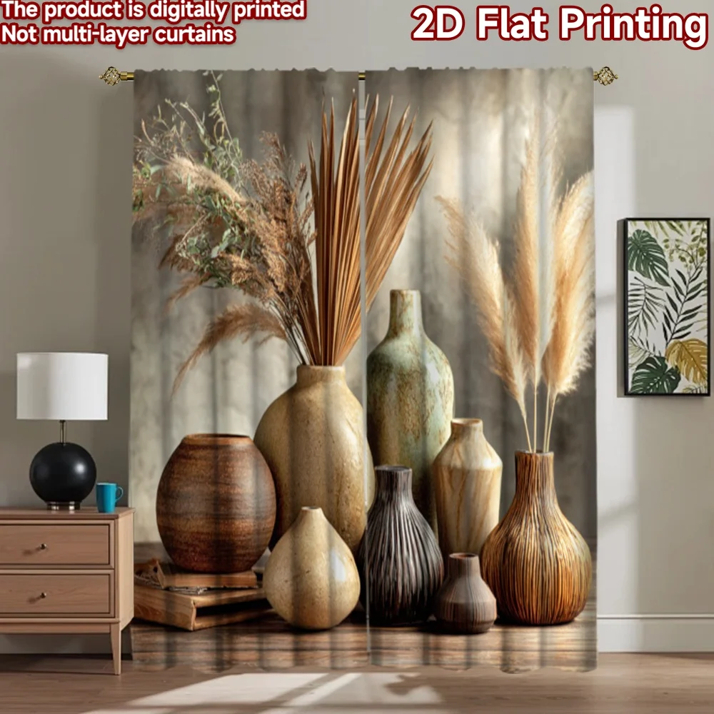 2D flat 2pcs Curtain Vintage drapes and curtains Rustic Pampas Vases Digitally printed polyester, colorfast Holiday Decorations