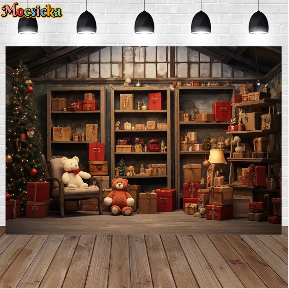 Mocsicka-Fond de photographie de Noël d'hiver, mur de fond, arbre de Noël, ours, fête de vacances, famille, enfants, studio photo, cadeau