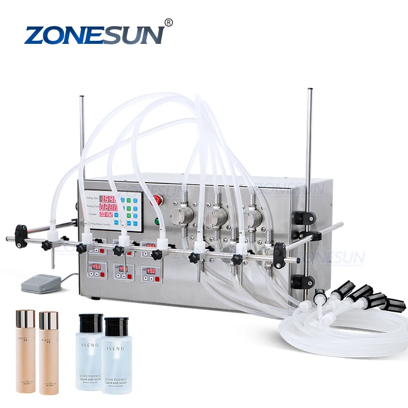 ZONESUN 6 Heads Magnetic Pump Beverage Perfume Water Juice Essential Oil Electric Digital Liquid Bottle Filling Machine