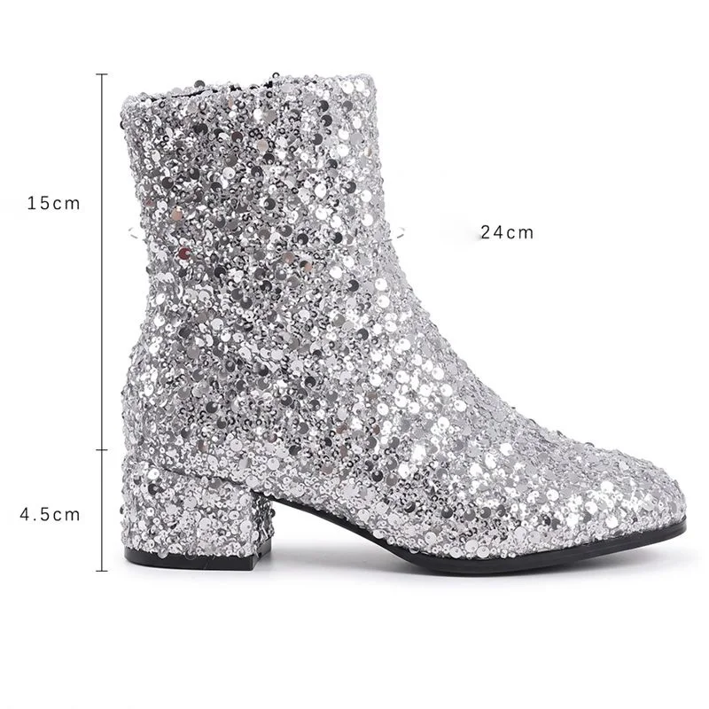REAVE CAT Gold Bling Sequin Women Ankle Boots Round Toe 4.5cm Chunky Heel Zipper Small Plus Size 33 45 46 47 Dating Short Botas