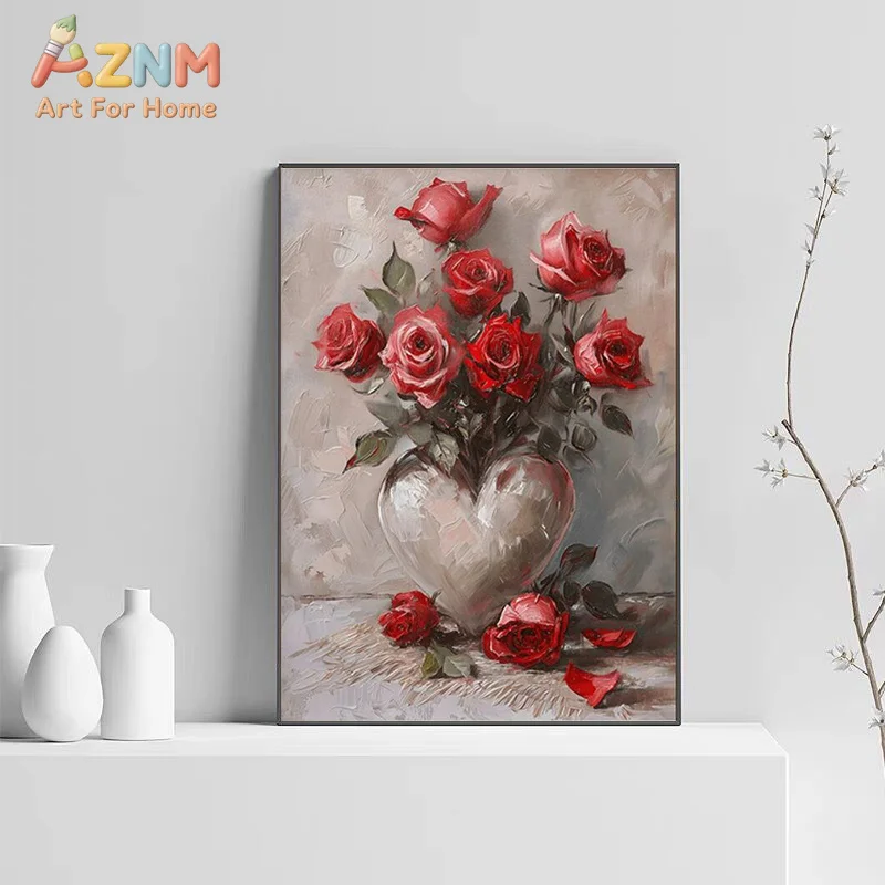 AZNM Textured Oil Painting Red Roses Heart‑Shaped Vase Canvas Wall Art, Romantic Vintage Floral Frameless Canvas Print Poster fo