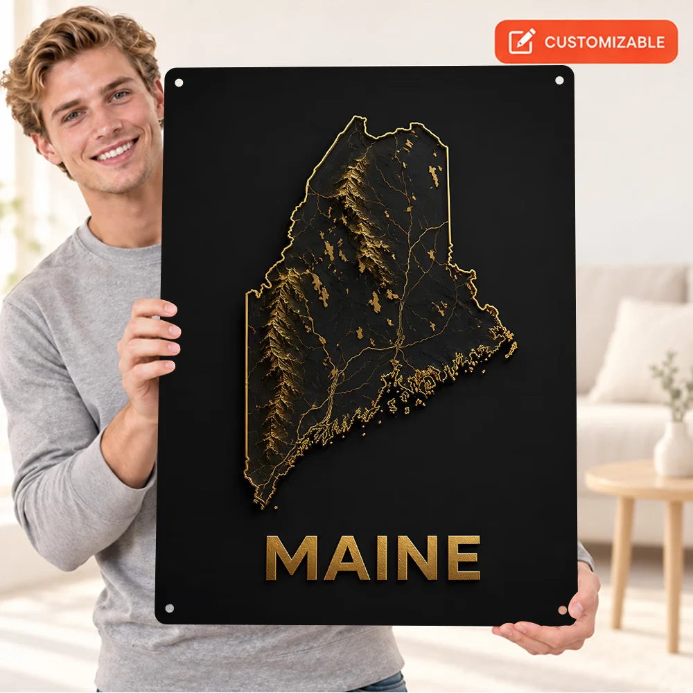 Maine Terrain Map Aluminum Poster Personalized Metal Sign Gold Relief Effect Wall Art For Travel Agency Geography Lover Gift
