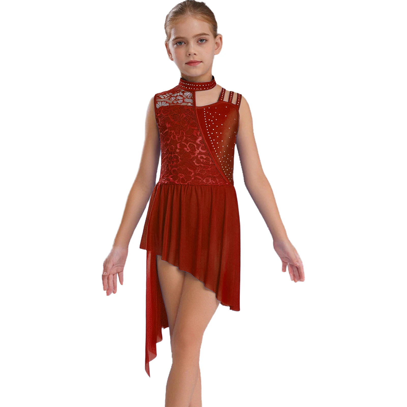 

Girls Ballet Dancer Lyrical Dance Dress Sleeveless Sheer Lace Leotard Tutu Dresses Figure Skating Dancewear Performance Costume