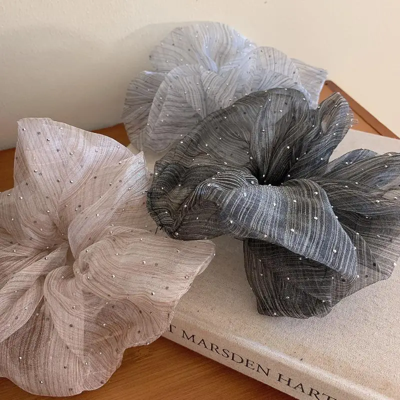 Glitzer-Tüll-Haargummi, großes Scrunchie, transparentes Netz-Haargummi, weiches, großes Haargummi für Damen, für den Alltag, Partys, Frisuren, Haar-Accessoires – Detail 2