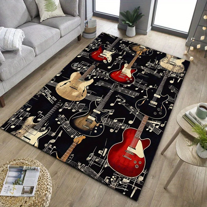 Rockin' Guitars Music Notes Rug for Music Enthusiasts | Cool Bedroom Decor | Musical Instrument Area Rugs Skid resistant carpet