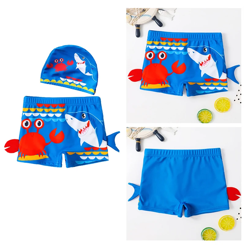 Summer Boys Swim Trunks Set with Hat 2pcs Set Blue Crab Cartoon Print for Children's Boy's Swimwear Kids Bathing Suit 2-12 Years