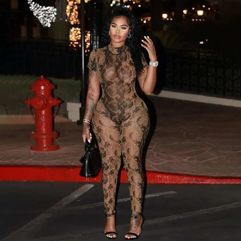 BKLD ワンピース レディース服 2025 夏 新作 セクシー バックレス 半袖 ファッション プリント 透明 メッシュ ジャンプスーツ クラブウェア