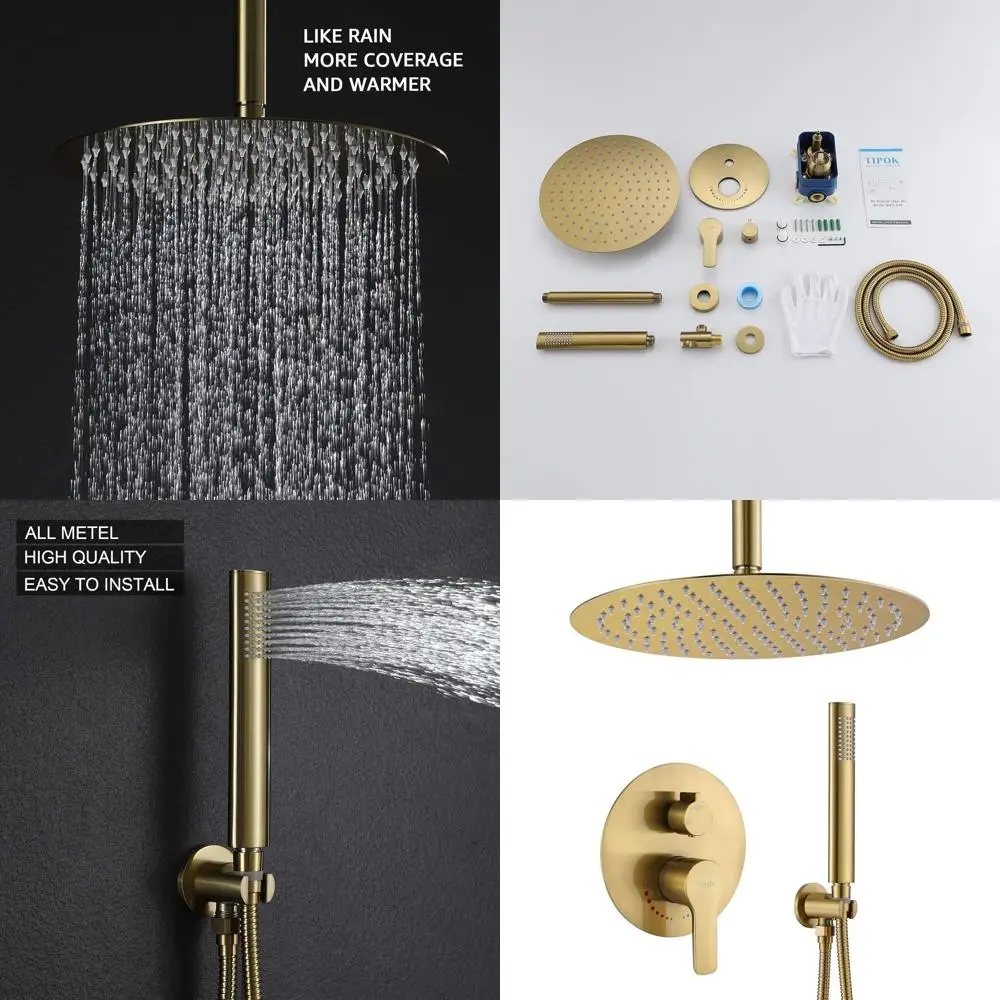

10 Round Shower Head with Handheld and Rain Faucet Set, Brass Kit Included, Ceiling Mount Gold Shower System