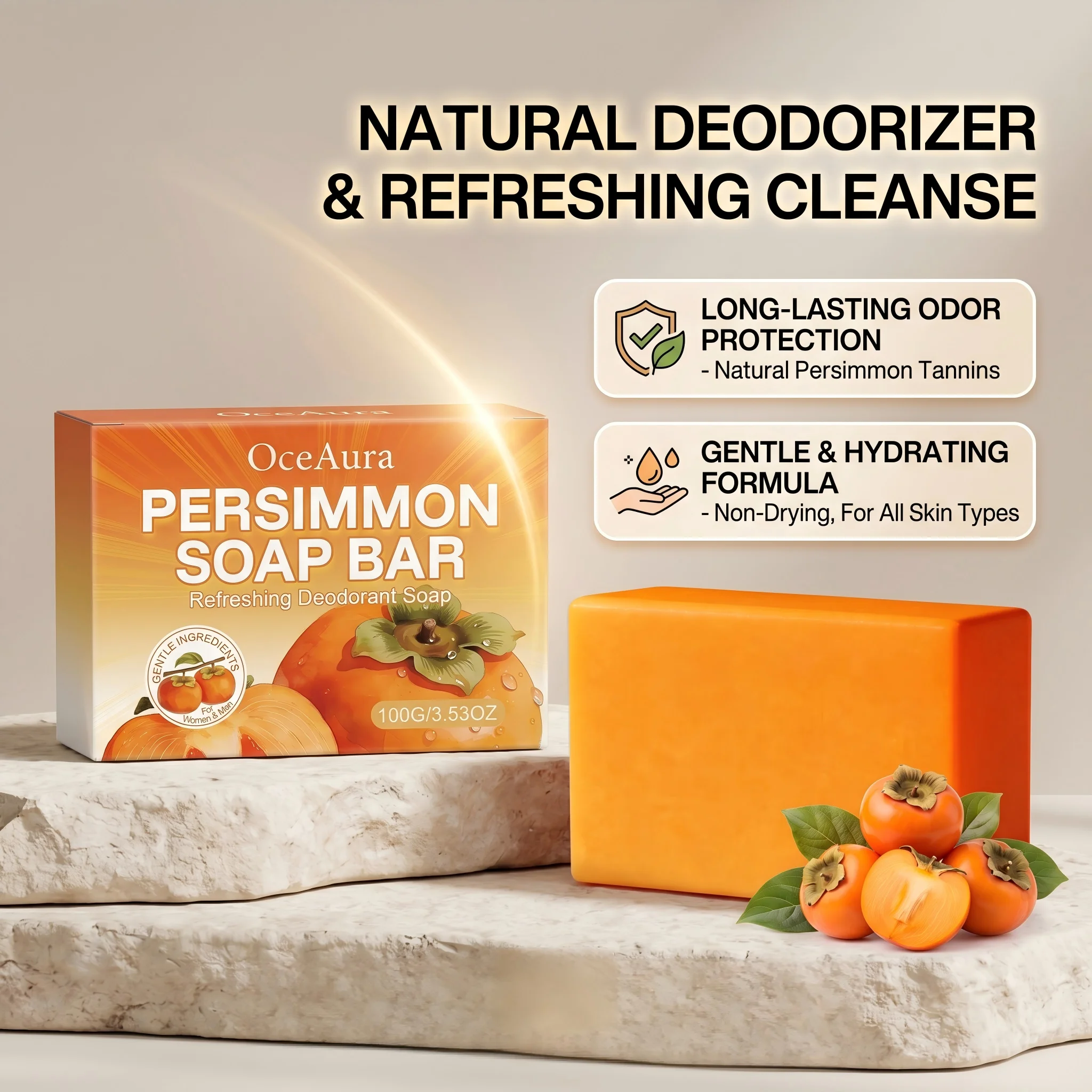 Persimmon Soap Bar Refreshing Body Cleanser for Body Odor Deodorization Gently Cleaning Skin Long Lasting Freshness Skin Care