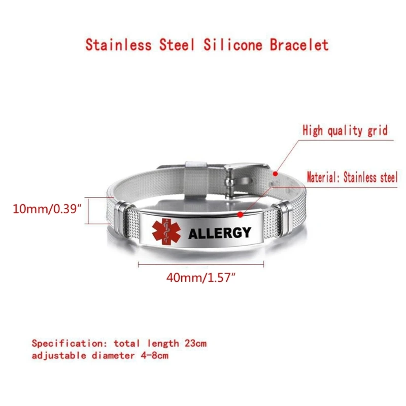 Stainless Steel Medical Alert IDs Cuff Bangle Emergency Medical Bracelets Adjustable Wristband for Men Women Durable